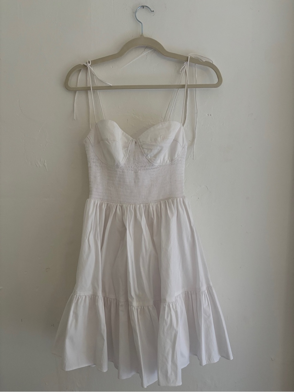 STAUD White Bustier Mini Dress Smocked Waist Tiered Skirt Tie Straps Size M
